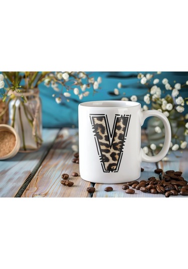 V Baş Harf Leopar Desenli Kupa Bardak - Kişiye Özel Feminen Konsept Hediye - Vahşi Hayvan Desenli Beyaz