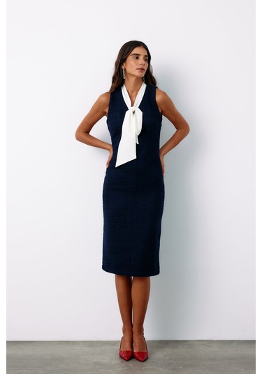 Sateen Fularlı Kolsuz Tüvit Elbise - Lacivert-135150 Lacivert