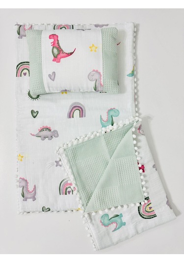 Dino 90 100 Çift Katlı Pikeli Müslin Battaniye Yastık Ve Alt Açma 3 Lü Set - Yeşil Yeşil