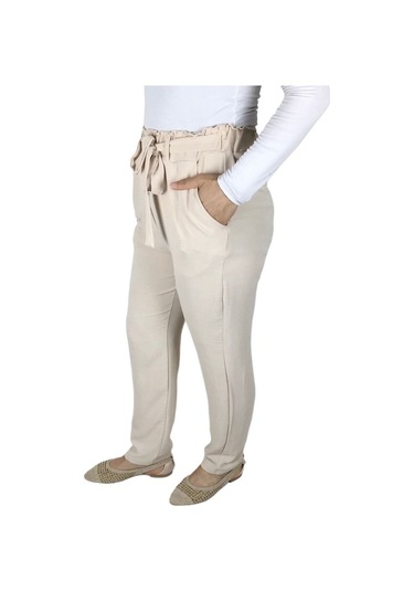 Kadın Beli Lastikli Kuşaklı Cepli Dar Paça Ayrobin Pantolon Krem