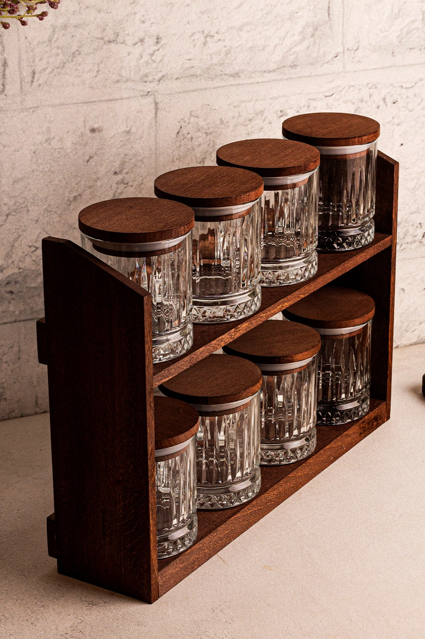 Mira Küçük - Standlı 8'li Vakumlu Ahşap Kapaklı Cam Baharatlık Takımı Saklama Kabı Seti 210 Ml Ahşap