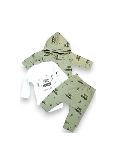 Araba Desenli Hırkalı Erkek Bebek Takım Yeşil