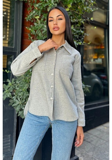 Gri Uzun Kol, Çift Cepli, Eteği Oval Kesim, Kaşe Gömlek Ceket Gri