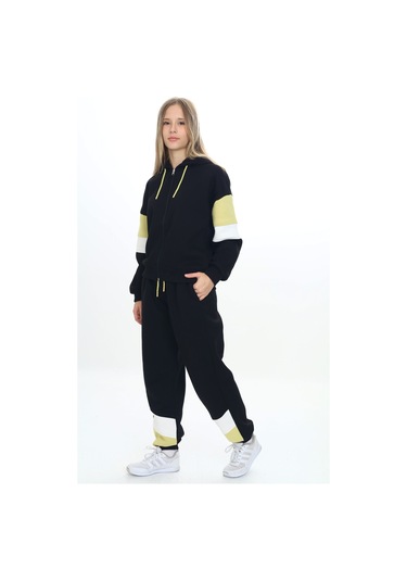 Toontoy Kız Çocuk Kapüşonlu Fermuarlı Garni Detaylı Eşofman Takım Siyah