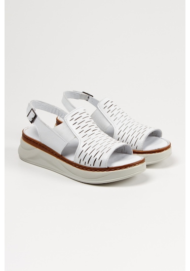 İlolica İç Dış Hakiki Deri Yüksek Taban Kadın Sandalet Beyaz