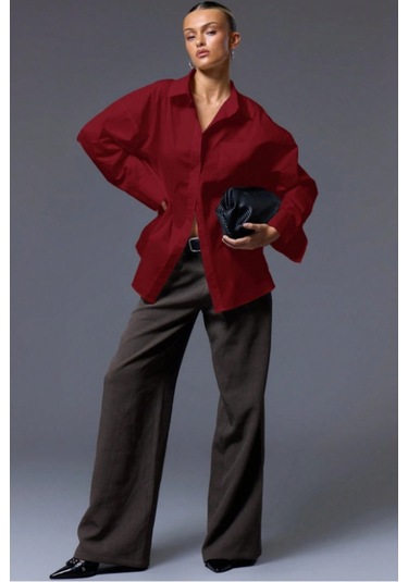 Tarz Cool Kadın Oversize Gömlek Uzun Kollu Basic Salaş Kesim Poplin Trend Şık Günlük Gömlek Bordo