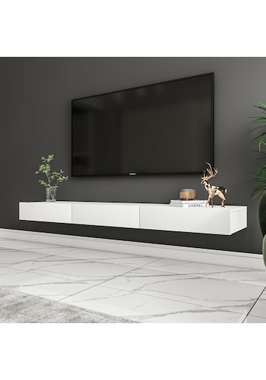 Avalon 3 Kapaklı Duvara Monte Tv Sehpası 140 Cm, Modern Minimal Tasarım, Tv Ünitesi - Beyaz Beyaz