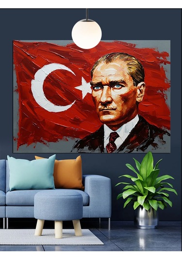 Türk Bayrağı Önünde Atatürk Dekoratif Kanvas - Mdf Ahşap Tablo