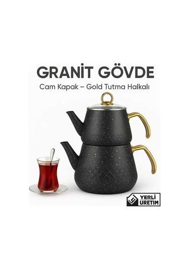 Enashop Granit Kaplama Gold Kulplu Cam Kapak Çaydanlık Siyah Siyah