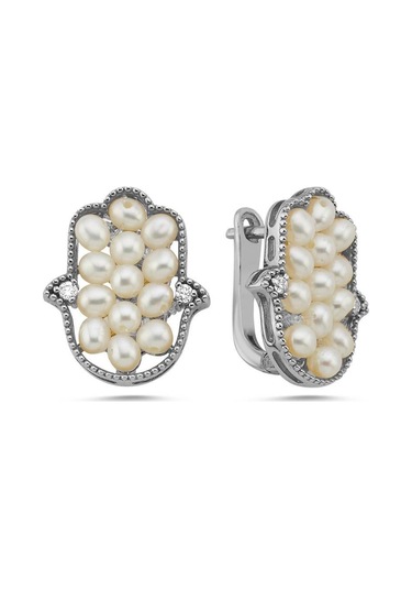 Fatma Elli Doğal İnci 0,18 Karat Pırlanta Küpe Beyaz Gümüş