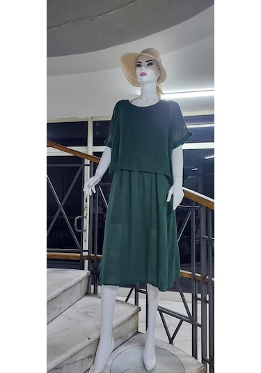 İtalyan Müslin Keteni Üstü File Bluzlu Astarlı Tek Parça Elbise Zümrüt Yeşili