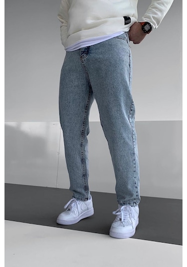 Baggy Asit Yıkama Taşlamalı Kot Pantolon Mavi