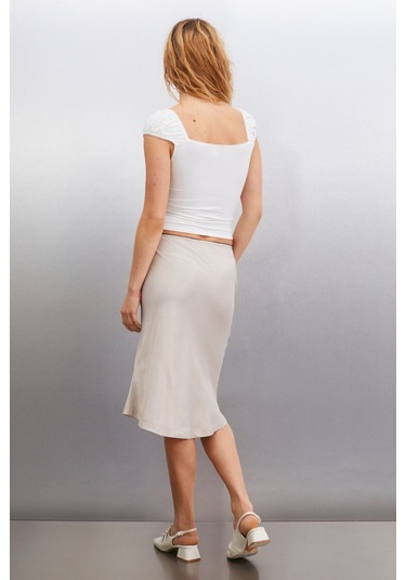 GRIMELANGE Thalıtha Kadın Saten Görünümlü Kumaş Beli Lastikli Örme Gri Etek Gri