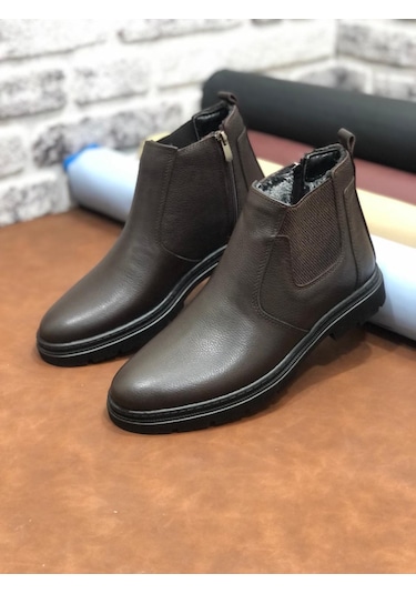 Hakiki Deri Ortopedik Büyük Numara 45-46-47 Kürklü Kışlık Erkek Bot Kahve