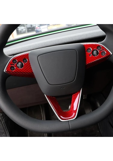 Honeybeeshop Çene Kayışlı Direksiyon Düğmesi Kırmızı Gerçek Karbon Fiber Tesla Model 3 Highland 2024 Ve Up Model Y Juniper 2025 Up İçin Sol Sağ Sürüş Uygun İç Mekan Yükseltme Kolay Kurulum Kırmızı