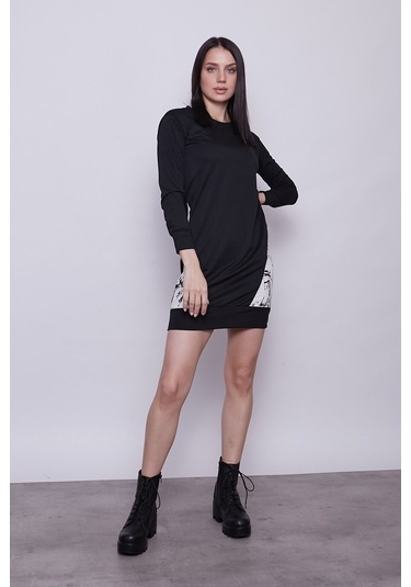 Kadın Sıfır Yaka Cep Detaylı Uzun Kol Sweat Elbise -Siyah