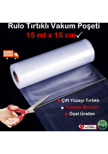 Tırtıklı Rulo Vakum Torbası-Poşeti 15Cm X15Mt-Çift Yüzey Tırtıklı