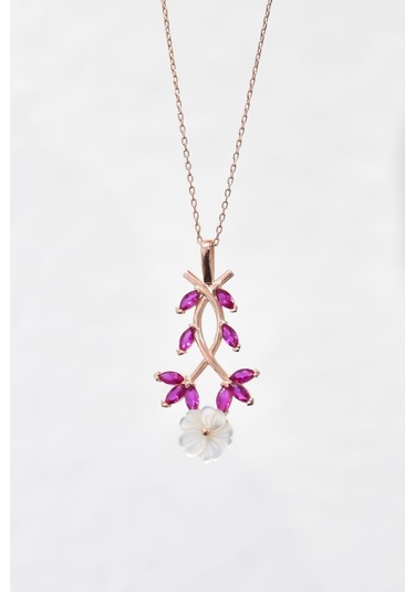 Papatya Silver 925 Ayar Gümüş Rose Kaplama Fuşya Taşlı Sarmaşık Sedef Manolya Çiçeği Kolye