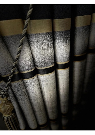 Nivemeshome Melanezya Siyah- Gold Şeritli 1/3 Sık Pileli Fon Perde Apm Siyah- Gold