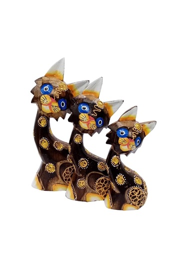 Ahşap Aborjin Üçlü Kedi Dekoratif Biblo No.1 16 Cm