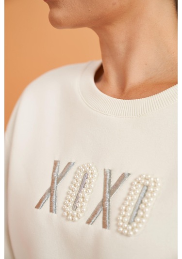 Pjs Xoxo Kadın Baskılı Uzun Kollu Sweatshirt Çizgili Eşofman Takım Ekru