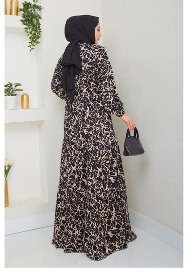 Sevil Yarım Düğmeli Dokuma Viskon Elbise 1504 - Siyah Siyah