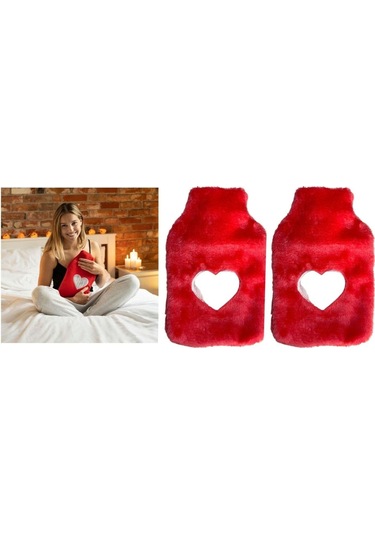 Sıcak Su Torbası 2 Adet,peluş Kalpli,pembe Termofor 26x17x2cm 1 Litre Pembe