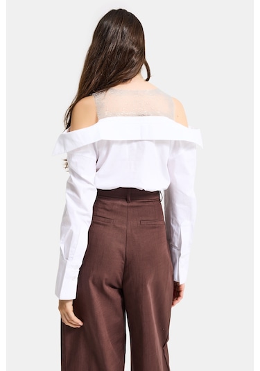 Itsbasic Kadın Beyaz Oversize Tül Dantelli Özel Tasarım Gömlek