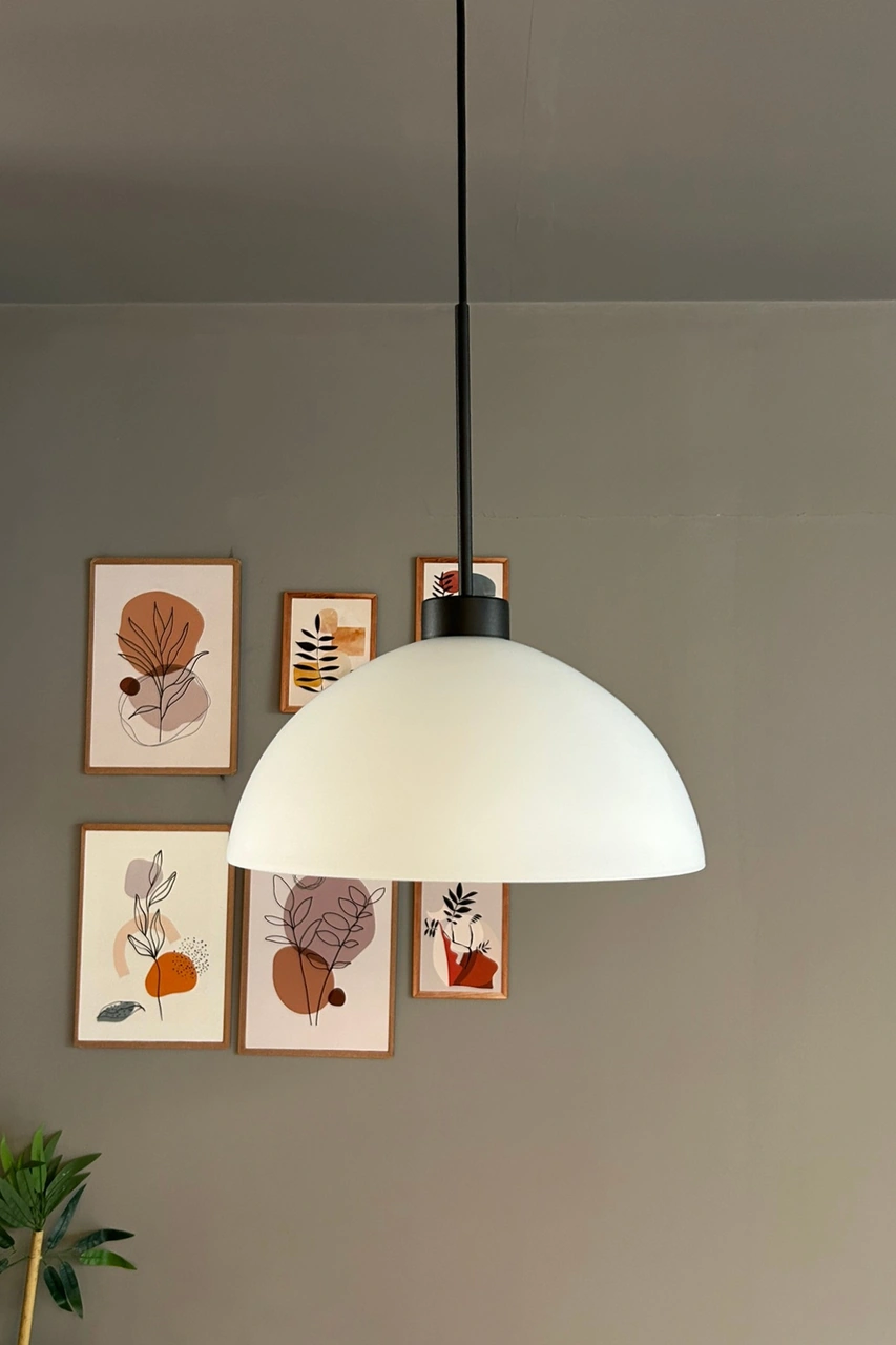 Perry Beyaz Cam Tekli Avize İnce Siyah Başlık Retro Sarkıt Lamba Restoran Salon Aydınlatma Bal