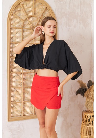Kadın Kırmızı Drapeli Yırtmaçlı Keten Karışımlı Mini Şort Etek Dm2035 959 Kırmızı