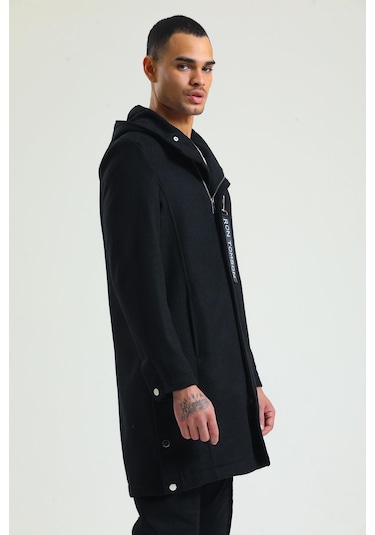 Erkek Regular Fit Kapüşonlu Fermuarlı Cepli Kışlık Astarsız Yünlü Uzun Kaşe Kaban 001