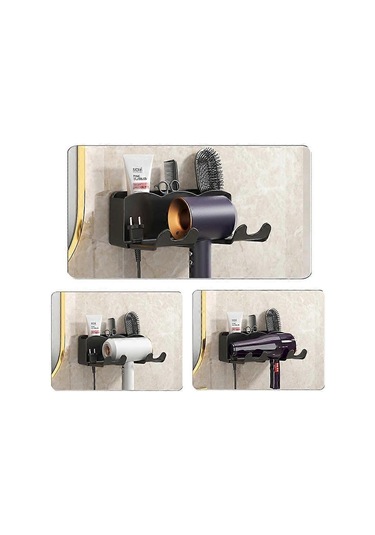 Ganzhoushop Saç Kurutma Makinesi Rafı, Duvara Monte Banyo Saç Kurutma Makinesi Rafı Düzenleyici Matkapsız Kurutma Makinesi Askısı Banyo Dekorusiyah Çok Renkli