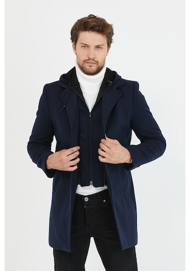 Erkek Lacivert Yün Karışımlı Kaşe Kapüşonlu Önü Fermuarlı Kaban Lacivert