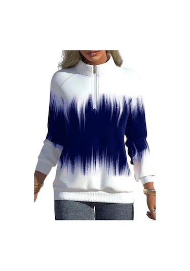 Sonbahar Ve Kış Kadın Ceket Kademeli Değişim Baskılı Yaka Fermuar Uzun Kollu Kış Tarzı Yarım Yüksek Yaka Hırka Ceket Kaban Mavi