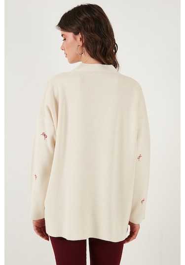 Lela Oversize Fit Desenli V Yaka Triko Bayan Hırka 4616193 Krem-Kırmızı