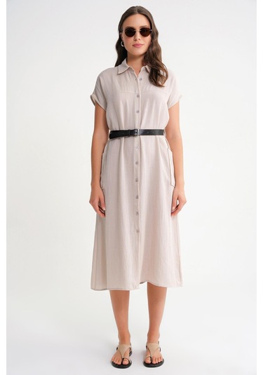 4453 Kadın Keten Cepli Midi Kemerli Elbise Taş Taş