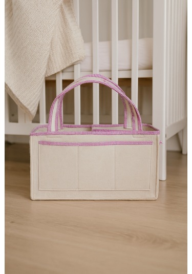 Anne Bebek Kalın Keçe Bakım Çantası Yenidoğan Için Organizer Düzenleyici Çok Amaçlı Bej Pembe Overlok Detay