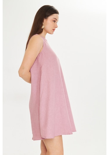Gül Kurusu Keten Karisimli Yazlık Sifir Kollu Çan Elbise Açık Pembe