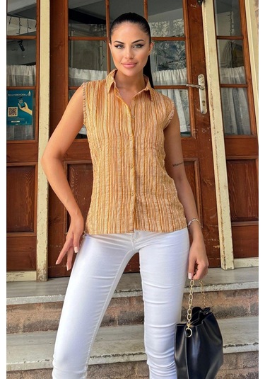 Kadın Hardal Çizgili Desen, Dokulu Bodrum Kumaş, Kolsuz Rahat Gömlek HARDAL