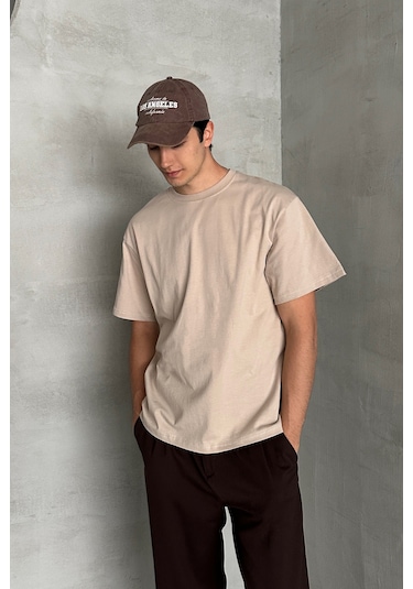 Hyman Erkek %100 Pamuk Oversize Basic T-shirt Bej