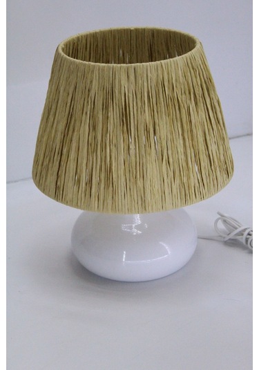 Üzüm Abajur Rafya Başlık Metal Elips Ayak Bej Beyaz