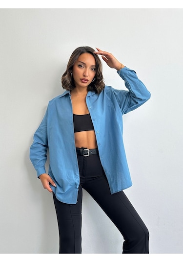 Kadın Oversize Uzun Basic Gömlek İndigo