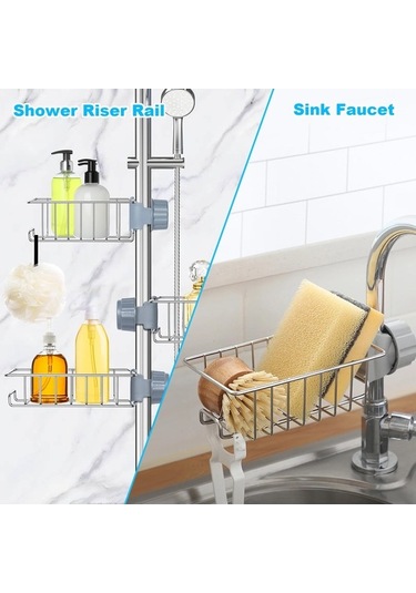 Dancemonkey Lichen Duş Caddy Matkapsız, 3 Parça Duş Rafı, Paslanmaz Çelik Açık Gri Je Açık Gri