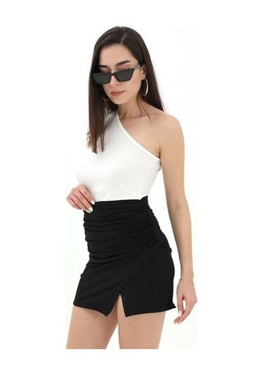 Yanları Büzgülü Beli Lastikli Etek - Siyah