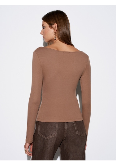 Dilvin 31401 Büzgülü Kayık Yaka Top-vizon Vizon