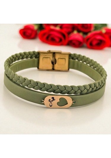 Archin Anne Sevgisi Temalı 14 Ayar Altın Plakalı Doğal Yeşil Derili Kalp Motifli Hediye Bileklik-556sembol Anne Sevgisi