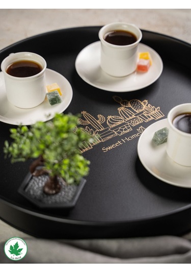 Lin Metal 37cm Yuvarlak Tepsi Ahşap Kulplu Kaktüs Baskılı - Siyah