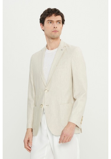 Erkek Bej Yumuşak Dokulu Keten Slim Fit Dar Kesim Mono Yaka Diagonal Desenli Ceket Bej
