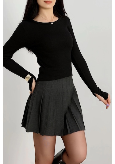 Bisiklet Yaka Parmak Geçmeli Kaşkorse Bluz Siyah A3829 Siyah