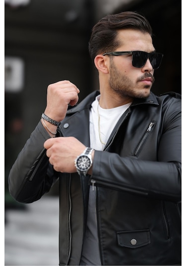 Erkek Çapraz Fermuarlı Deri Ceket Siyah